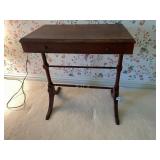WOOD SIDE TABLE, LYRE BASE, SINGLE DRAWER, BRASS
