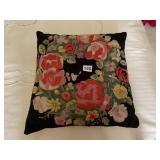FLORAL EMBROIDERED THROW PILLOW, BLACK GROUND,