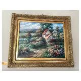 OIL ON CANVAS, LANDSCAPE W/ COTTAGE, FLORAL