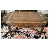 MAHOGANY COFFEE TABLE, OVAL TOP, BURL WOOD INLAY