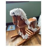 WOOD ROCKING HORSE, YARN MANE AND TAIL, LEATHER