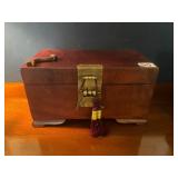 WOOD STORAGE BOX, BRASS HARDWARE, TASSEL ACCENT,