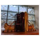 CANOE FORM BOOKENDS, PAINTED WOOD, PINE CONE