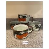 STONEWARE MUGS, SPECKLED GLAZE, FRUIT MOTIF,