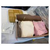 WATERFORD CRYSTAL DESK CLOCK, ASSORTED LINENS,