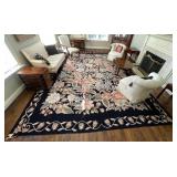 NEEDLEPOINT AREA RUG, BLACK GROUND, FLORAL MOTIF,