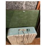 BOX FAN, LIGHT BLUE METAL HOUSING, WOOD HANDLE,