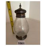 STERLING SILVER AND GLASS CHEESE SHAKER, ETCHED