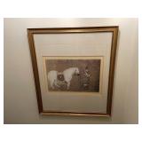PRINTED ARTWORK, DEPICTING HORSE AND RIDER, GILT