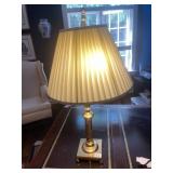 BRASS TABLE LAMP, SQUARE BASE, BALL FEET, PLEATED