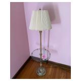 BRASS FLOOR LAMP, CIRCULAR GLASS TIERED SHELF,