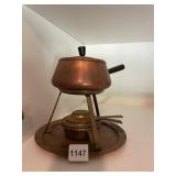 COPPER FONDUE POT, BRASS STAND, COPPER TRAY,