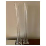 TALL CLEAR GLASS TRUMPET VASES, FLUTED BASE,