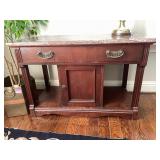 MARBLE TOP CONSOLE TABLE, MAHOGANY FINISH, SINGLE