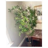 ARTIFICIAL FICUS TREE, BRASS HEXAGONAL PLANTER,