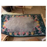WOOL AREA RUG, FLORAL TULIP BORDER, BLUE FIELD,