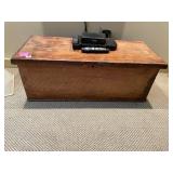 WOODEN STORAGE CHEST, HINGED LID, METAL SIDE