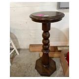 WOOD STAND, ROUND TOP, TURNED PEDESTAL BASE,