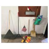 GARDEN TOOLS, INCLUDES RAKES, SHOVEL, AMERICAN