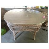 WICKER SIDE TABLE, OVAL FORM, GLASS TOP, PAINTED