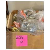 BOX OF ASSORTED BRASS HINGES, DOOR HARDWARE,