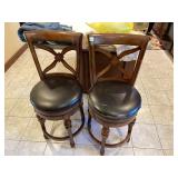 WOOD STOOLS, SWIVEL SEATS, BLACK FAUX LEATHER