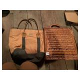 CANVAS TOTE BAG W/ MONOGRAM, WOVEN WICKER PICNIC