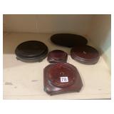 WOODEN DISPLAY STANDS, ASSORTED SHAPES, DARK