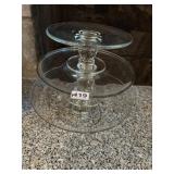 CLEAR GLASS TIERED SERVING STAND, PEDESTAL BASE,