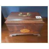 MAHOGANY TEA CADDY, HINGED LID, BRASS CARRYING