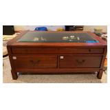 WOOD COFFEE TABLE, GLASS TOP DISPLAY CASE, TWO