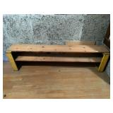 WOODEN SHELVING UNIT, YELLOW COKE CRATES