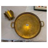 BRASS SERVING TRAY AND SMALL CUP, TRAY W/ PIERCED