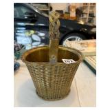 BRASS BASKET, WOVEN WIRE DESIGN, BRAIDED HANDLE.