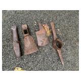 ASSORTED RUSTED HAND TOOLS, INCL AXE HEADS,