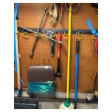 ASSORTED GARAGE TOOLS W/ LUG WRENCH, MOP, RAKE,
