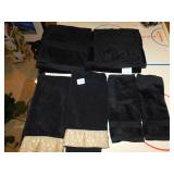 GROUP OF BLACK TOWELS GOLD TRIM ETC.