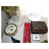 CARVED ACORN BOX, LION HEAD PEDESTAL BOWL, CUT