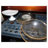 GOLD RIM BOWL AND LINER, SERVING TRAYS SILVER