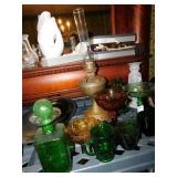 OIL LAMP, GREEN DECANTER, GREEN PEDESTAL DISH,