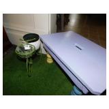 PAINTED WOOD STOOL AND MINI BIKE PLANTER