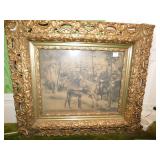 WOOD FRAME PRINT OF MAN ON HORSE WITH DONKEY