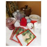 TWO ICE BUCKETS, ETCHED VASE, 3 RED PICTURE FRAMES