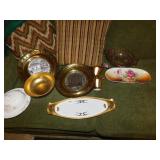 THREE BRASS FRAMED PLATES, PICKARD CREAMER