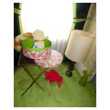 TV TRAY, BANDED BOX BRASS LAMP, AFGAN