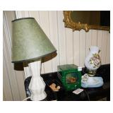SMALL LAMP, SHELL DISH, CANDLES, BATTERY