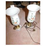 PAIR MILK GLASS HAND PAINTED SHADES MARBLE BASE