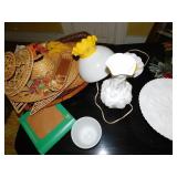 CUP SAUCER, YELLOW LAMP, MILK GLASS VASE, HATS ETC