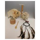 2 BUFFALO; DRUM; ANIMAL SKIN WRAPPED; & SUN