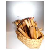 BASKET OF ASSORTED WOOD SPOOLS